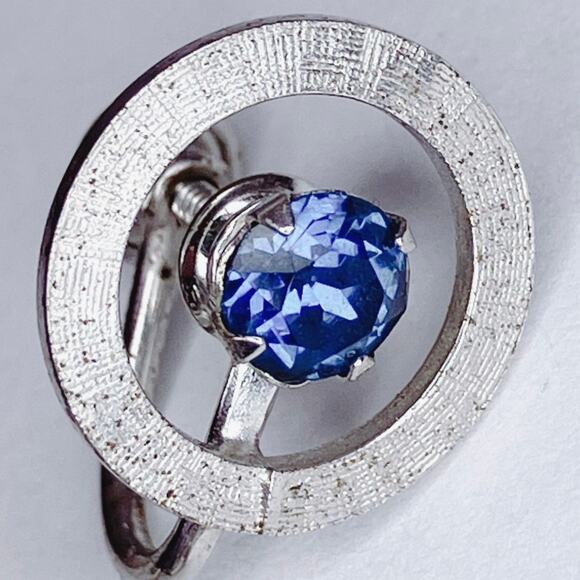 VTG Sterling Silver 50s Signed A&Z Earrings Blue Rhinestone Modernist Screw Back - Picture 6 of 11